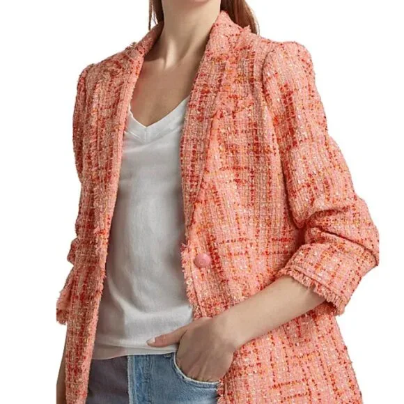 Cinq à Sept 'Khloe' Fringe-Trim Lucie Boucle Blazer, Pink Poppy Multi - Picture 4 of 5